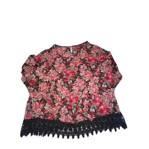 Xhilaration XXL Boho Floral‎ Paisley Blouse Red Black Sheer Chiffon Lace Hem Top